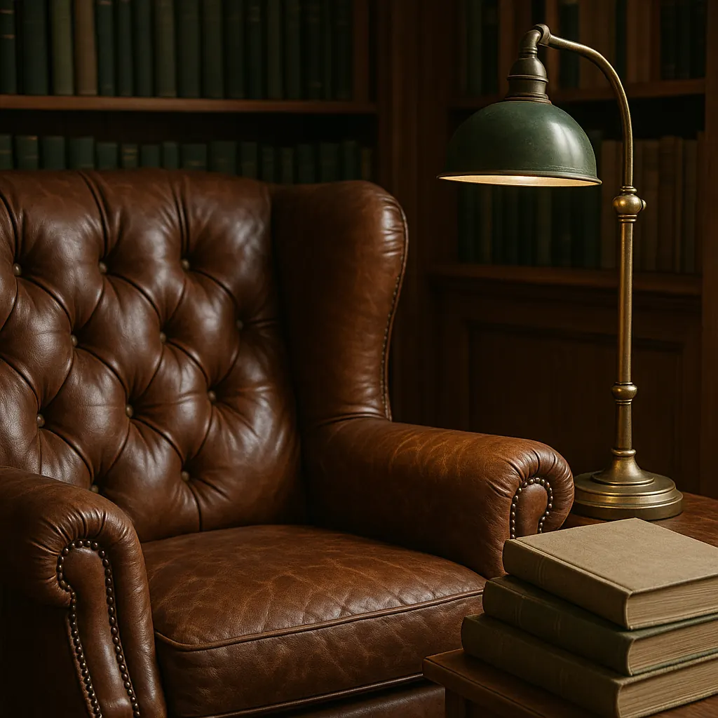 Leather armchair and stacked almanacs in a private library