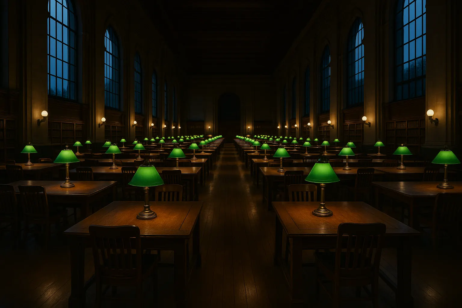 Long library hall with green banker's lamps