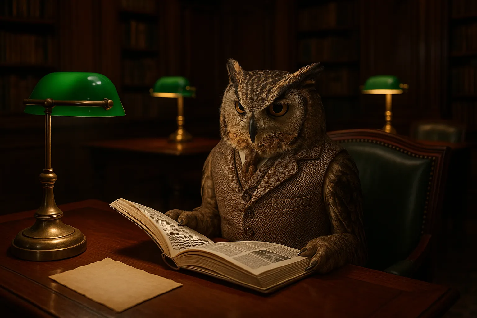 Wood-panelled reading room with an owl in tweed